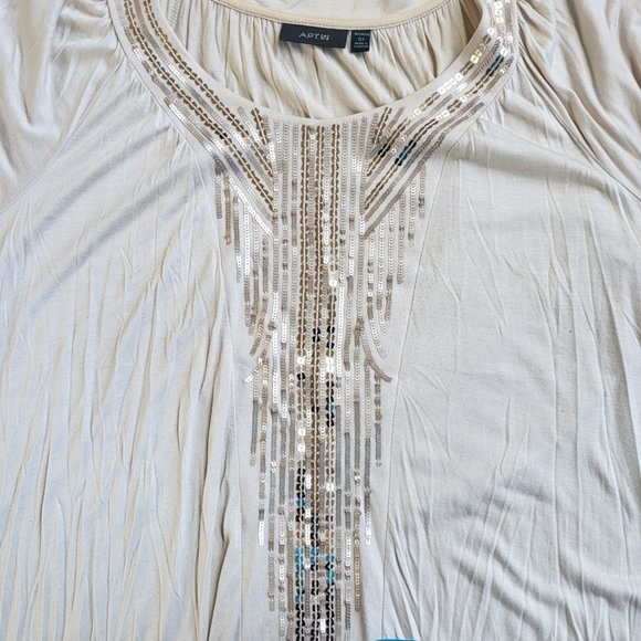 Pretty Beige & Gold Sequin Short Sleeve Top - Picture 3 of 7